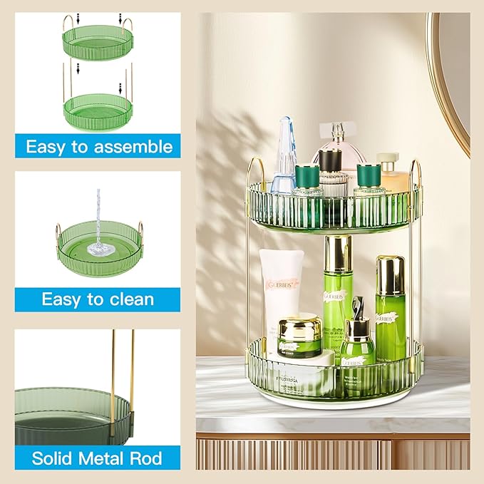 Niluks 360 Rotating Makeup Organizer, 2 Tier Lazy Susan Bathroom Counter Organizer, Skincare Organizers, Spinning Perfume Organizer & Vanity Organizer Countertop (Gem Green, 2 Tier)