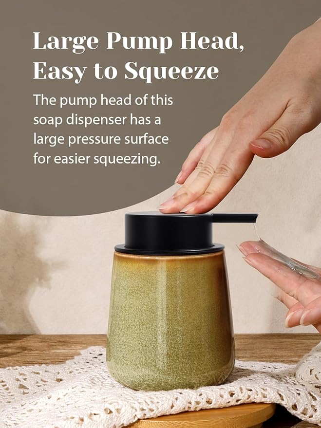 INGOFIN Ceramic Lotion Dispenser - 12 oz Refillable Hand Soap Dispenser Bathroom, Modern Liquid Soap Dispenser with Pump, Dish Dispenser for Kitchen,Kiln-Glazed Earthy Yellow-Brown