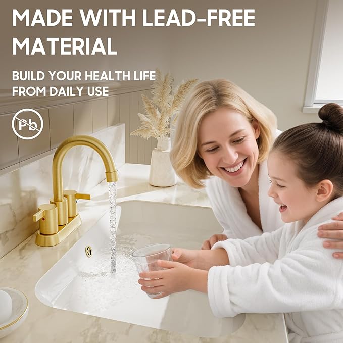 Brushed Gold 4 Inch 2 Handle Centerset Lead-Free Bathroom Faucet, Swivel Spout with Copper Pop Up Drain and 2 Water Supply Lines, BF015-1-BG