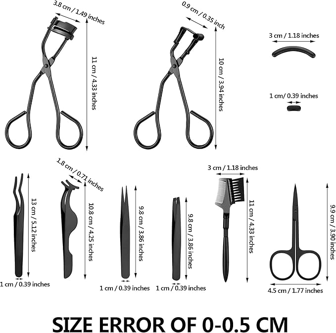 Mudder 48 Pcs Eyelash Curler Makeup Tools Set, Include Mini Eyelash Curler Kit, Eyebrow Extension Tweezers, Brush Comb and Scissors, Silicone Refill Pads, Black