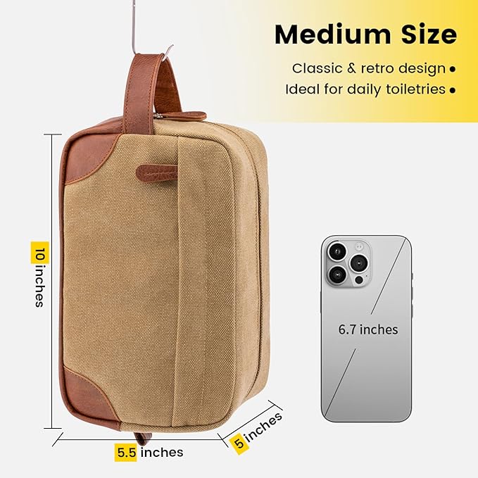 Vorspack Travel Toiletry Bag - Hanging Toiletry Bag for Men Water Resistant Canvas Shaving Bag with Large Capacity for Travel - Brown