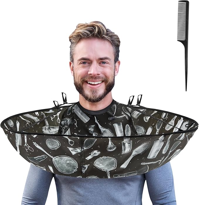 Lilian&Gema Hair Cutting Cape, Adjustable Haircut Cape Umbrella, Waterproof Hair Cloak Barber Cape, Foldable Hairdressing Umbrella Cape with Black Comb for Adults and Kids, Salon and Home Use