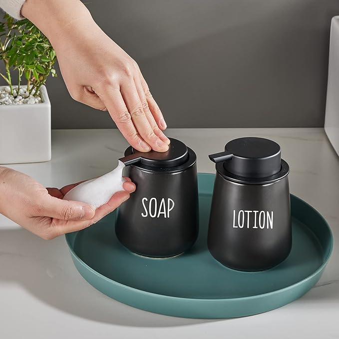 12Oz Hand Soap Dispenser Set - 2 Pack Ceramic Foam Soap Dispenser Set with Easy-to-Press Black Pump, Refillable Mordern Foaming Dish Soap Dispensers for Bathroom & Kitchen (Black, Foam Pump)