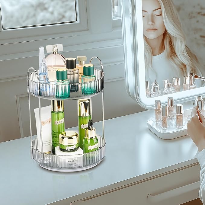 Niluks 360 Rotating Makeup Organizer, 2 Tier Lazy Susan Bathroom Counter Organizer, Skincare Organizers, Spinning Perfume Organizer & Vanity Organizer Countertop (Classic Grey, 2 Tier)