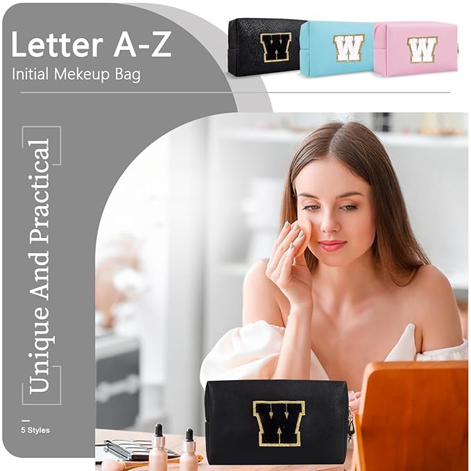 Personalized Initial A-Z Preppy Patch Makeup Bag,Small PU Chenille Letter Cosmetic Bag with Zipper for Teen Girls,Black Cute Toiletry Organizer Bag,Monogram Makeup Case Gift for Women Girls,Letter W
