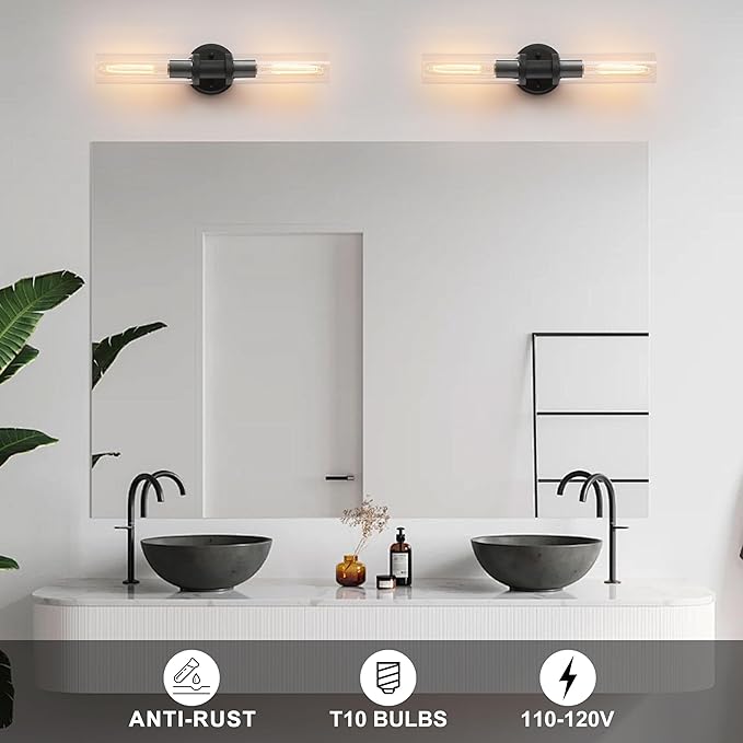 Wall Sconces Set of Two,Matte Black Bathroom Sconces Wall Lighting with Clear Glass, Modern Sconces Wall Decor Set of 2 Wall Light fixtures for Bathroom Mirror Living Room Hallway Bedroom Wall Lamp