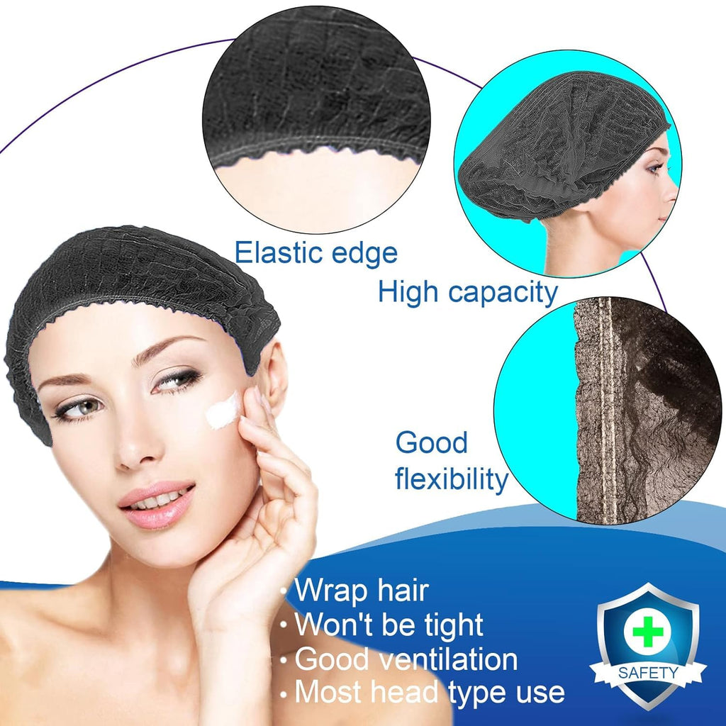 Disposable Bouffant Caps 100pcs,24inches Hair Net, Elastic Dust Cap for Food Service,Salon,Spa,Kitchen Head Cover (Black)
