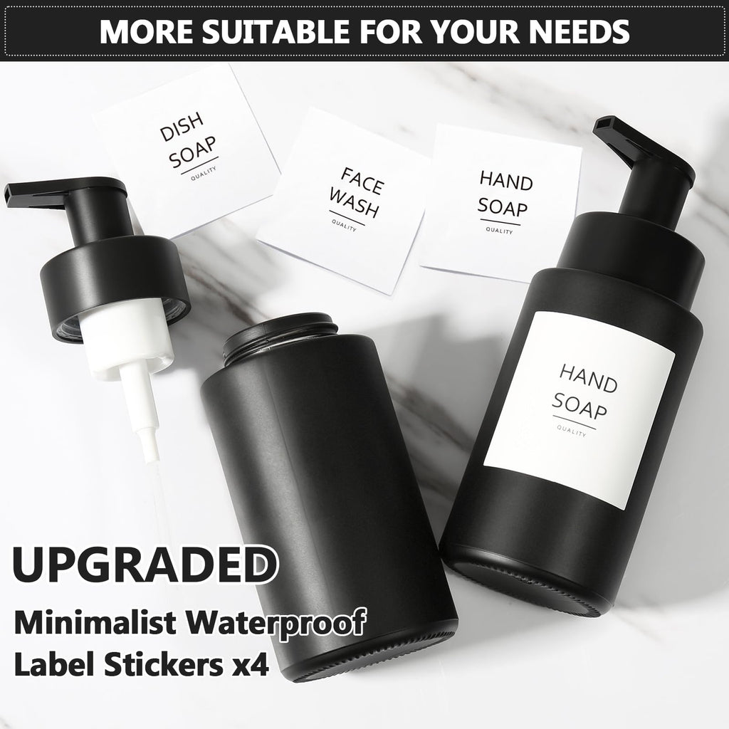 RYTOXILO Matte Black Foaming Hand Soap Dispenser, 10 oz/300ml Glass Foam Dispenser, 2 Pcs Foaming Soap Dispenser for Bathroom, Black Refillable Pump with Waterproof Labels