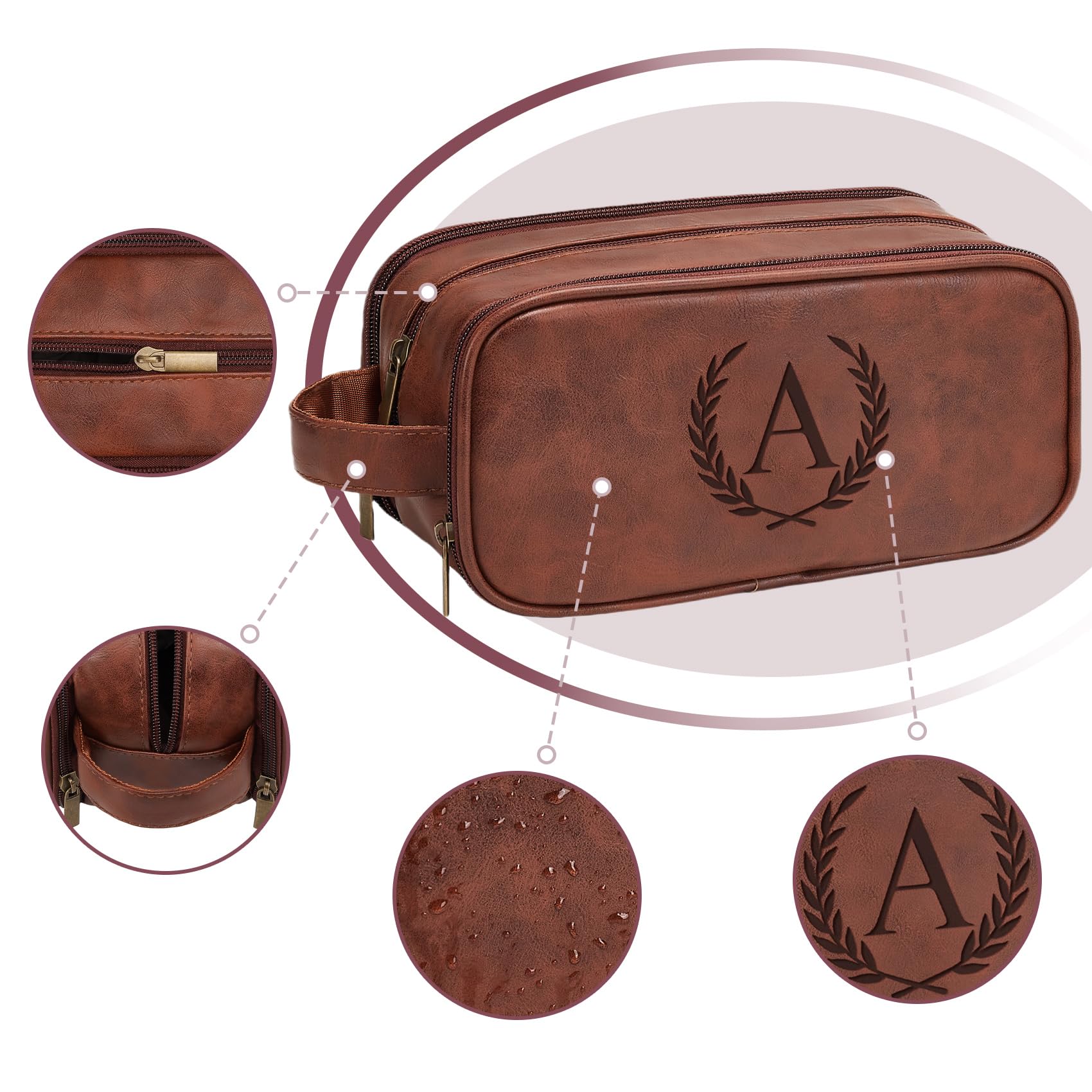 Travel Toiletry Bag For Mens PU Leather Engraved Initials (Red Brown Z)