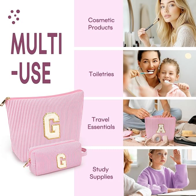 2 PCS Initial Makeup Bags for Women: Cosmetic Bag for Travel Toiletry - Birthday Gifts for 11 12 13 14 15 16 17 18 Years Old Girl Graduation Teacher Gift- Teen Girl Gifts Trendy Stuff - Pink G