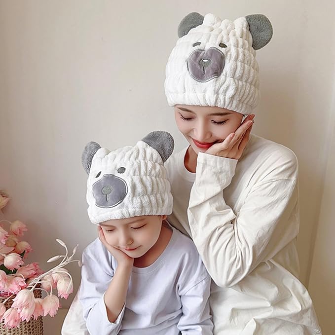 LCBD Microfiber Hair Towel Wrap for Kids, White Bear Dry Hair Cap Suck Water, Absorbent Quick Girls Boys Hair Drying Towel, Lightweight Bouncy Hat Headscarf for Wet Hair