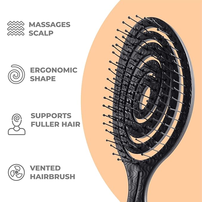 Ninabella Mini Spiral Brush - Hair Brush Detangler for Women - Pro Shower for Curly or Thick Hair - Small Travel Detangling Vent Hairbrushes -Black