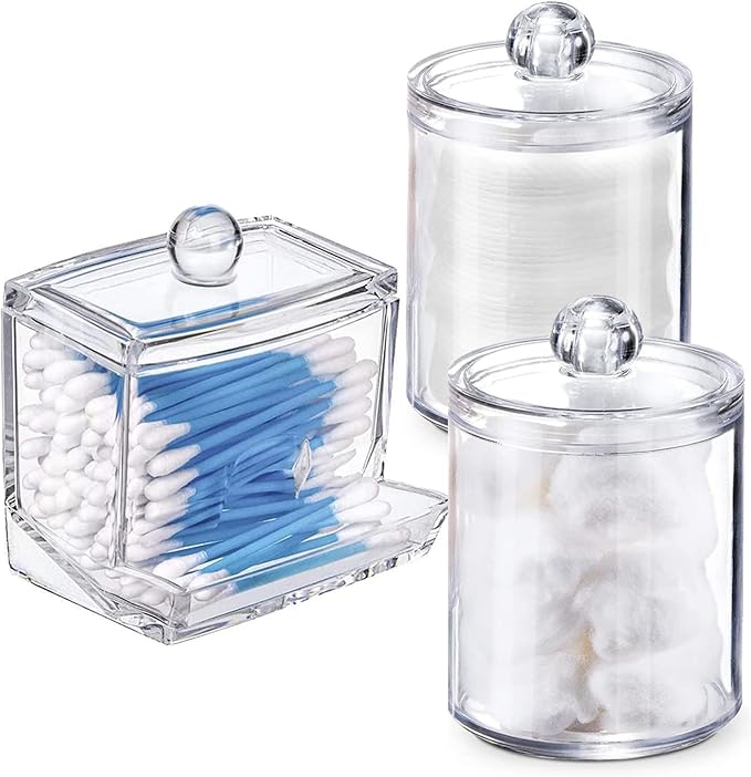 WISIEW Swab Holder Canisters with Lid, Bathroom Qtip Dispenser Apothecary Jars, Clear Plastic Cotton Ball Pad Container for Cotton Swabs, Q-Tips, Make Up Pads, Cosmetics