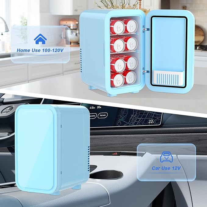 YASHE Mini Fridge, 6 Liter/8 Can 110V AC/DC Portable Thermoelectric Cooler Refrigerators for Bedroom, Skincare, Beverage, Office, Dorm Room and Car, Blue