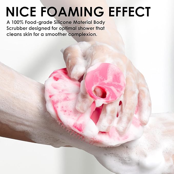 Pink Food-Grade Silicone Body Scrubber with Exfoliating Net Sponge Case