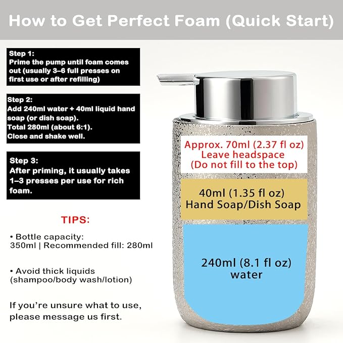 GIRLUFO Speckled Silver Ceramic Foaming Soap Dispenser, 12 oz Refillable Foam Soap Pump Bottle for Bathroom Vanity, Kitchen Sink and Countertop