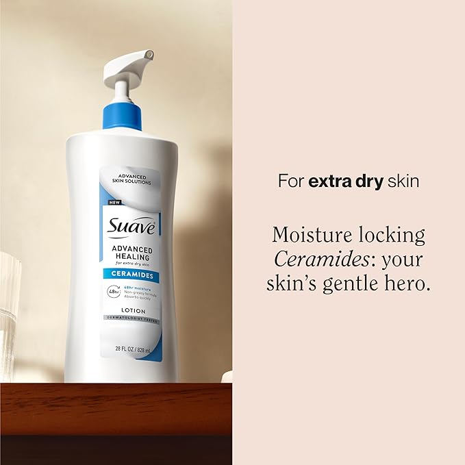 Suave Advanced Healing Hand & Body Lotion for Women, With Ceramides for Very Dry Skin, Hydrating, Non-Greasy Feel, Allergen-Free Moisturizing Cream, Lightly Scented, 28 fl oz Pump, 4 Pack