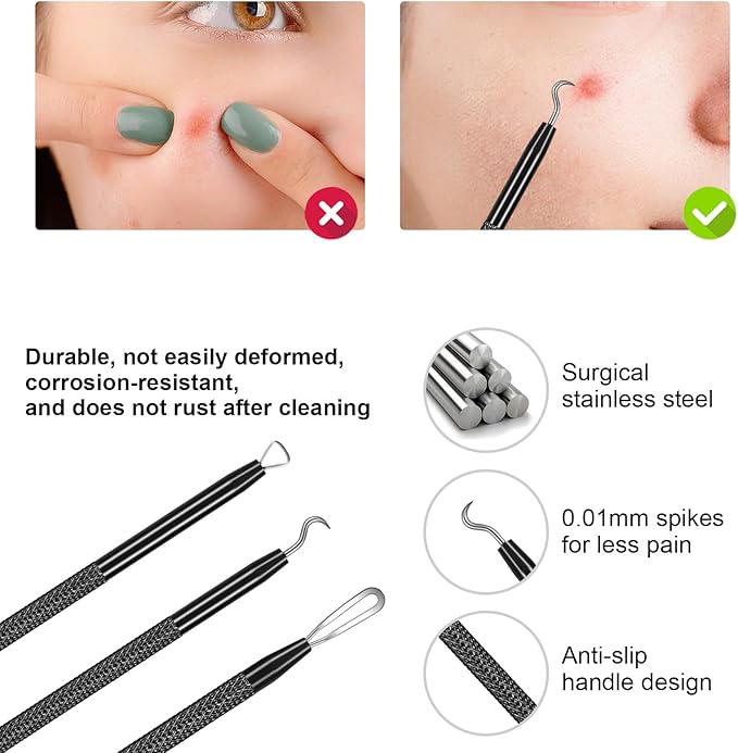 Meidaier 7Pcs Blackhead Remover Kit, Stainless Steel Acne Comedone Extractor with 10X Magnifying Glass & 20 75% Alcohol Pads, Pimple Whitehead Blemish Removal, Anti-Slip Handle & Storage Box