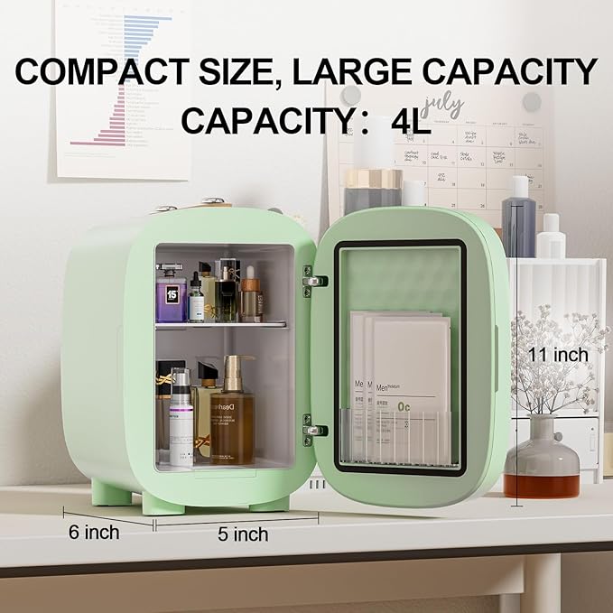 LIGIANT DF01A Skincare Fridge, With 3-Level Dimmable LED Light Mirror, Low Noise 4L Makeup Fridge for Skincare, Cooler & Warmer, Portable Design for Multiple Uses - Bedroom, Office, and Car