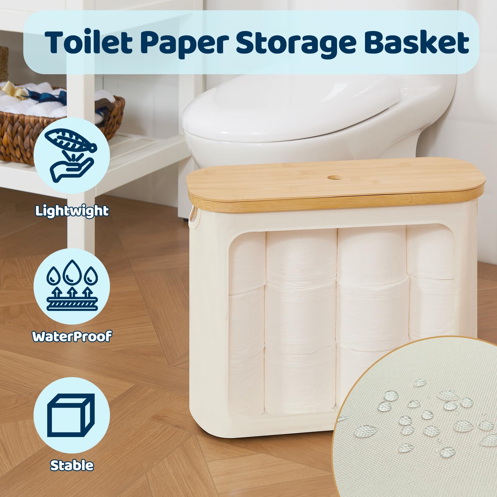 ROSOS Toilet Paper Storage with Lid, Large Toilet Paper Holder for up to 12 Rolls, Free Standing Bathroom Storage Organizer with Lid, Beige