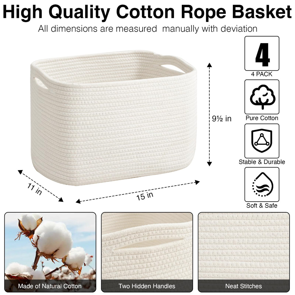 ICERZCZ Storage Baskets for Organizing & Shelves, Woven Cotton Rope Organization Bins for Dog Toys, Clothes, Books, Nursery Organizer, 15"Lx11''Wx9.5''H, (4 Packs) Off White
