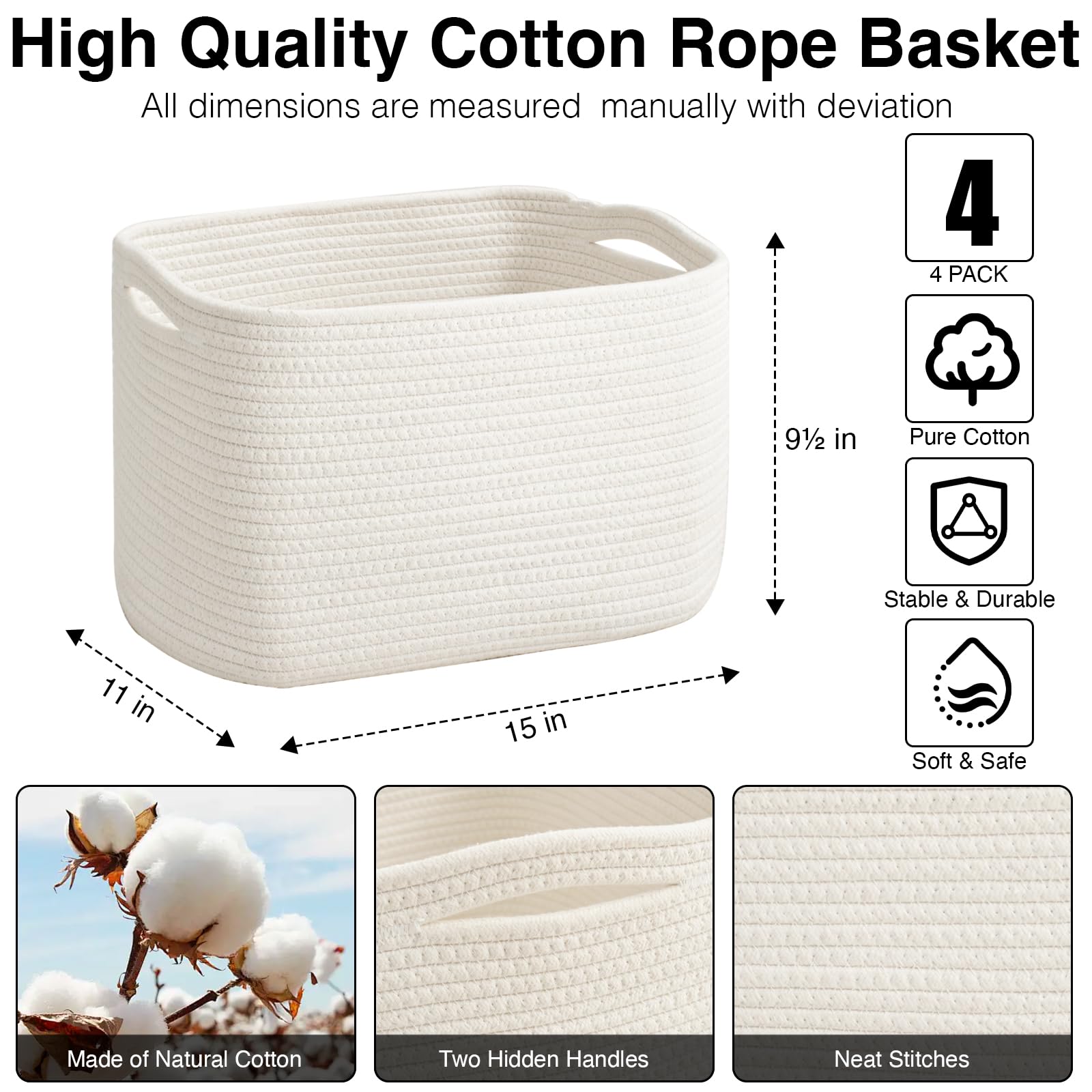 ICERZCZ Storage Baskets for Organizing & Shelves, Woven Cotton Rope Organization Bins for Dog Toys, Clothes, Books, Nursery Organizer, 15"Lx11''Wx9.5''H, (4 Packs) Off White