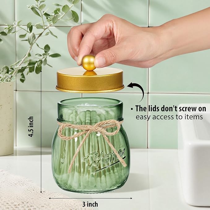 SheeChung Green Glass Qtip Holder Dispenser, Mason Jar Apothecary Jars with Lids, Bathroom Organizers and Storage, Vanity Countertop Canisters Set for Cotton Swab, Ball, Pad, Floss Pick-Gold, 3 Pack