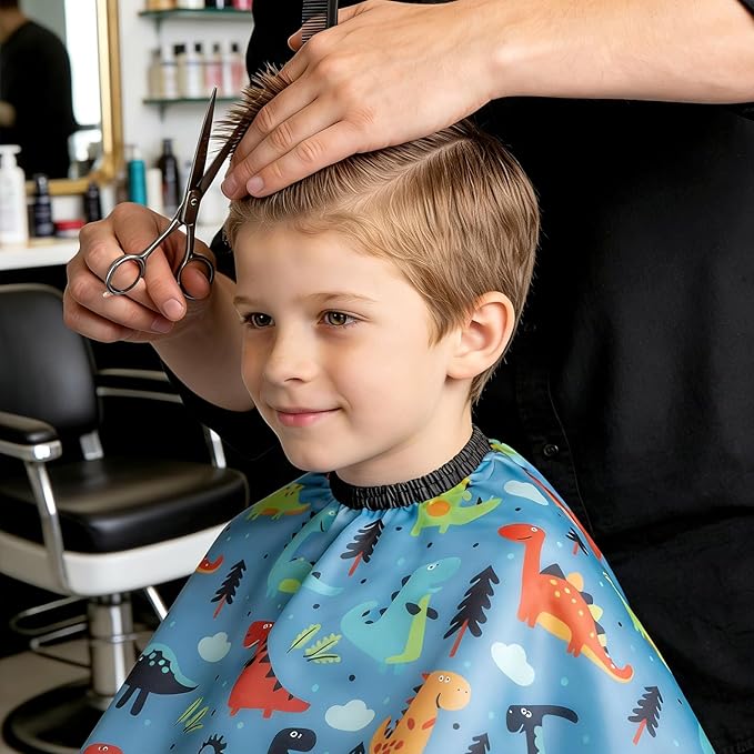 Gealaek Kids Haircut Cape and Neck Duster Brush Set with Dinosaur Pattern Kids Barber Cape 55x40 Inches for Boys & Girls Salon Cape Kit (Blue)
