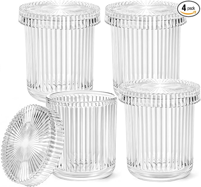SheeChung Glass Qtip Holder Dispense, 4-Pack Apothecary Jars - Bathroom Accessories Organizer for Cotton Swabs, Balls, Pads Floss Picks -Bathroom Accessories Decor