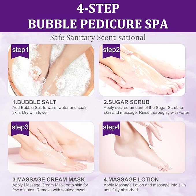 nbc BeautiLab Pedicure Kit Foot Soak Set: Bubble Salt, Sugar Scrub, Massage Mask, Massage Lotion in a Box, 4 Step Foot Spa Kit for Dry Feet, Softens Calluses, Tired Feet（3 Set Lavender)