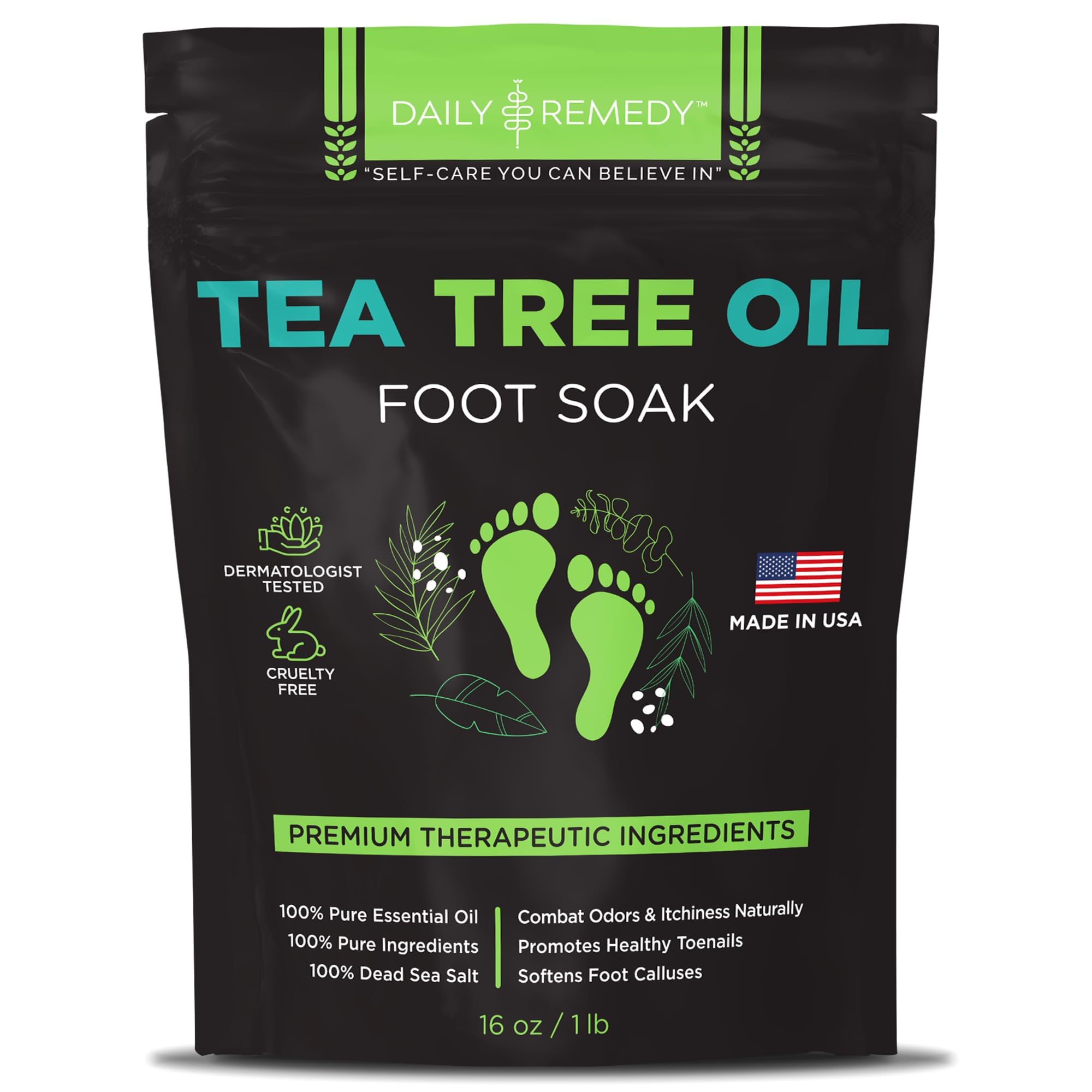 Tea Tree Oil Foot Soak with Epsom Salt - Made in USA - for Toenail irritations, Athletes Foot, Stubborn Foot Odor Scent, Softens Calluses & Soothes Sore Tired Feet - 16 Ounce