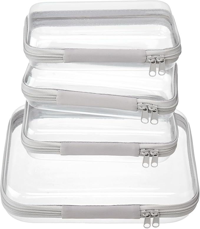 WELPIRT 4 pcs Clear Zipper Pouches,Hard Shell Zipper Case, Toiletry Bag for Travel, CLear Diaper Bag, Toiletry Pouch, Travel Organizer, Cosmetic Bag,Toy Storage Bins (M+3S) (Gray)