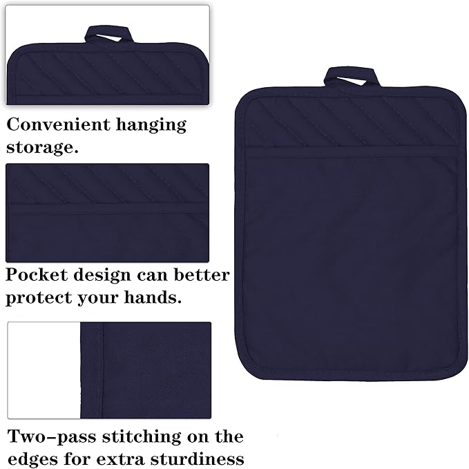 VEIKERY Oven Pot Holder with Pocket Cotton Heat Resistant Coaster Potholder Kitchen Hot Pad Oven Mitts for Cooking Square 7"x9"Set of 5 (Navy Blue)