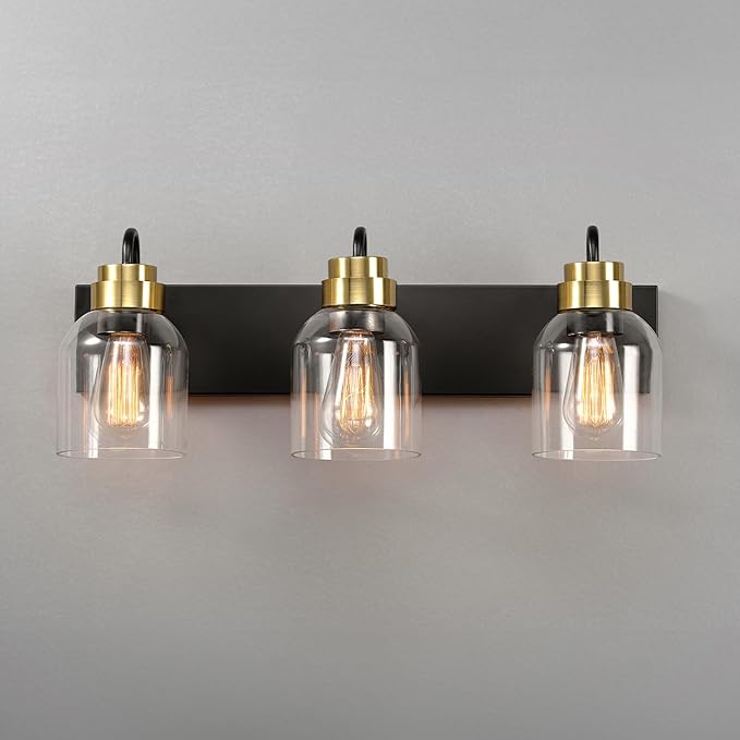 Globe Electric 22" 3-Light Matte Black Vanity Light with Matte Brass Accents and Glass Shades