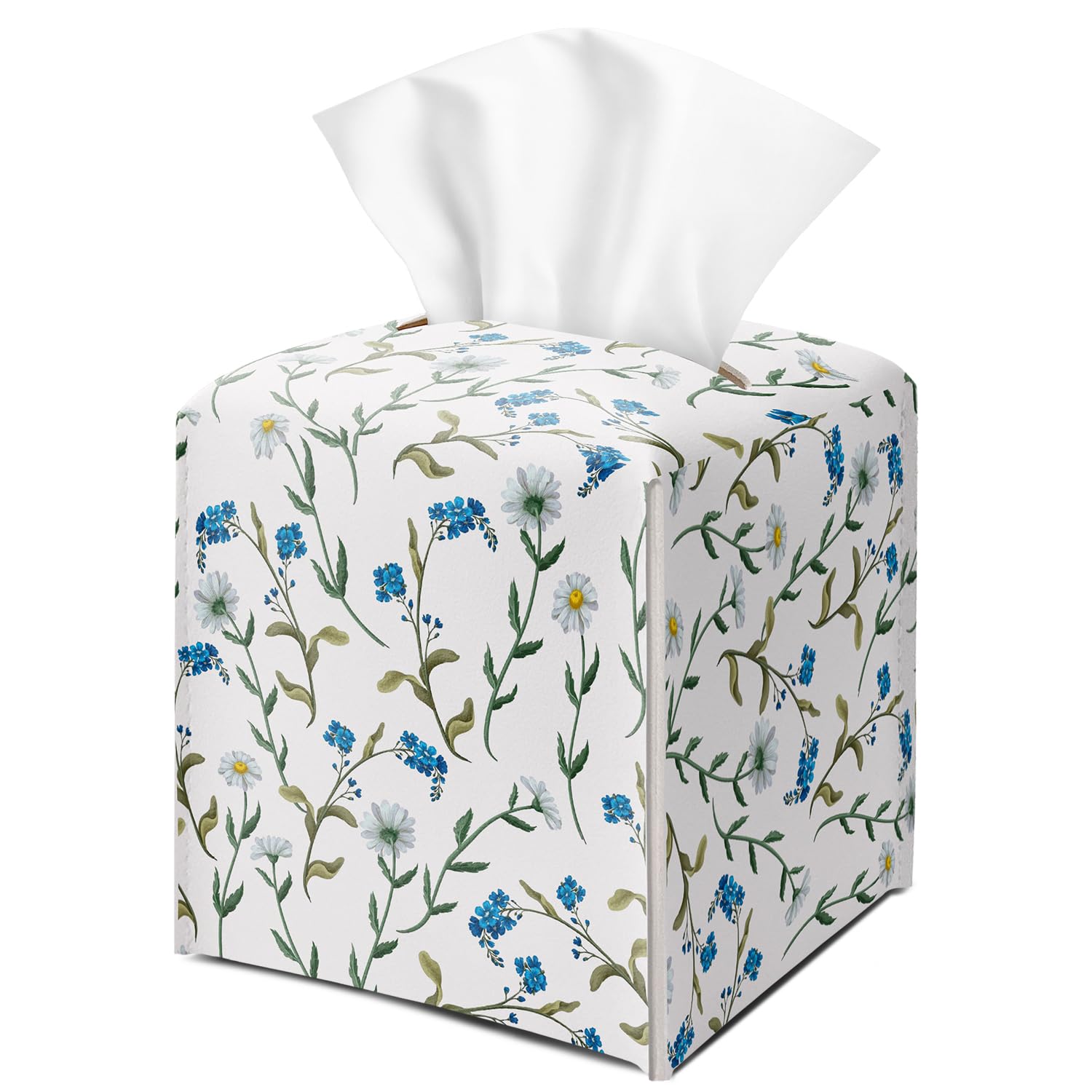 Dasiy and Blue Floral Tissue Box Cover Square with Bottom Belt, Leather Waterproof Tissue Holder Facial Paper Case for Tabletop Home Office Bathroom Car Decor -01