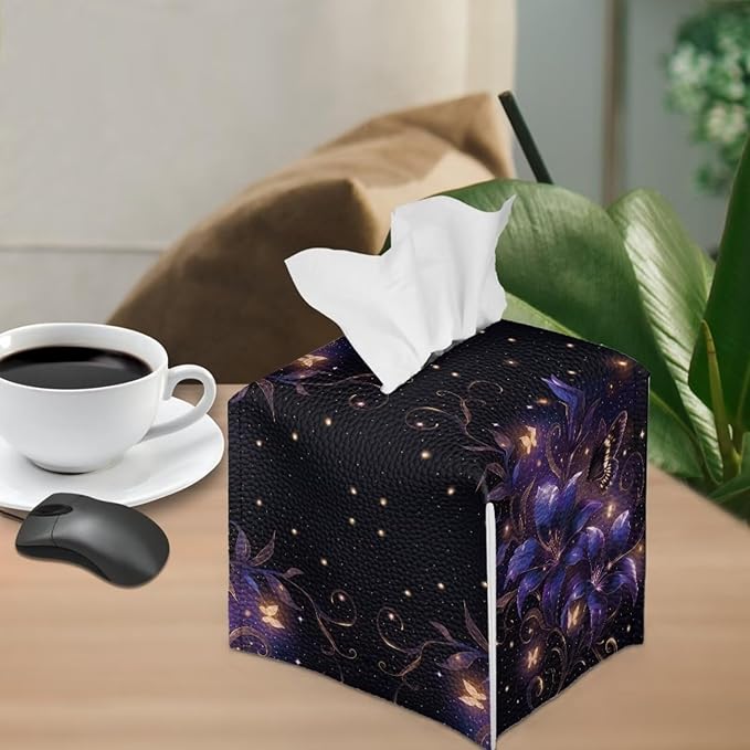 Purple Flower Tissue Box Holder Stylish Leather Square Tissue Box Cover with Top Handle Waterproof Napkin Case Holder Home Office Bathroom Decor