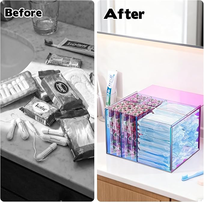 Tampon Storage Holder for Bathroom with Lid Rainbow Acrylic, Sanitary Napkin Holder, Feminine Pads Organizer Box with Removable Divider, Bathroom Accessories Box for Girl Stuff
