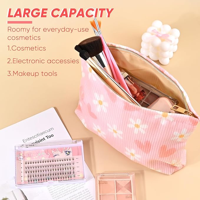 Ksriylm Cute Heart Flower Makeup Pouch for Women Small Make Up Bag for Purse Zipper Initial Makeup Cosmetic Bags Pouches for Purse Aesthetic Travel Toiletry Bags, Pink Floral Hearts