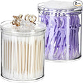 SheeChung 2-Pack Stackable Clear Qtip Holder - 10oz Crystal Apothecary Jars with Storage Lids - Clear Plastic Bathroom Countertop Organizer for Cotton Balls, Swabs, Pads - Pinterest Style Decor