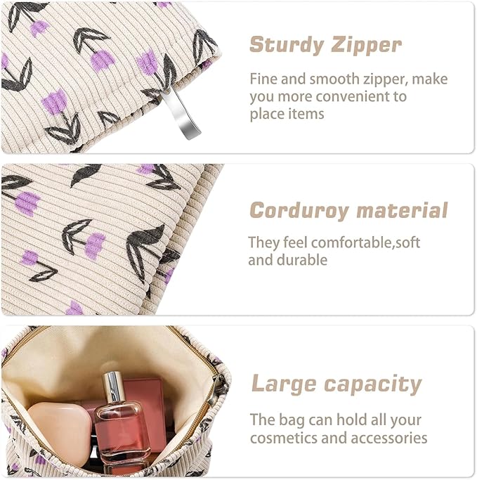 URSKYTOUS Flower Makeup Bag Travel Large Cosmetic Bag for Women Cute Makeup Pouch Zipper Cosmetic Pouch for Purse Corduroy Aesthetic Purple Floral Skincare Organizer Bag Portable Toiletry Bag