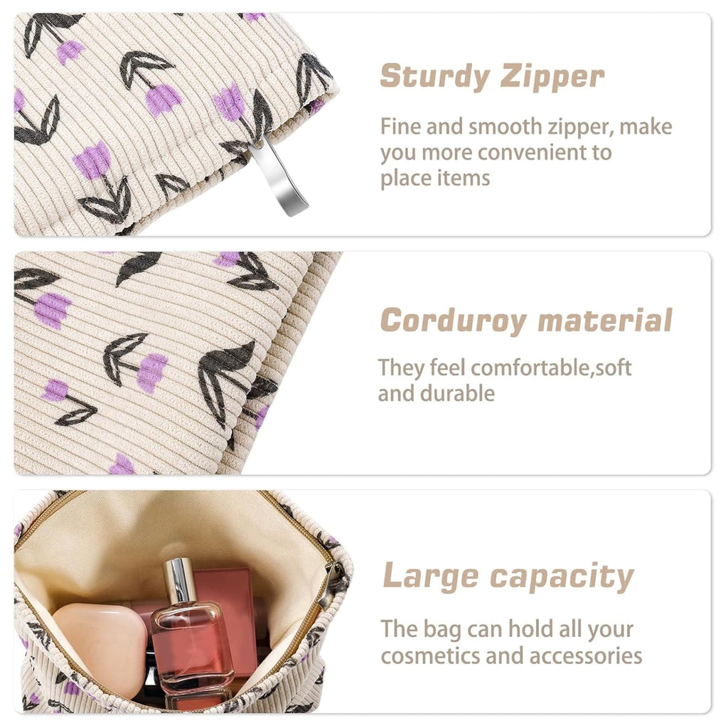 URSKYTOUS Flower Makeup Bag Travel Large Cosmetic Bag for Women Cute Makeup Pouch Zipper Cosmetic Pouch for Purse Corduroy Aesthetic Purple Floral Skincare Organizer Bag Portable Toiletry Bag