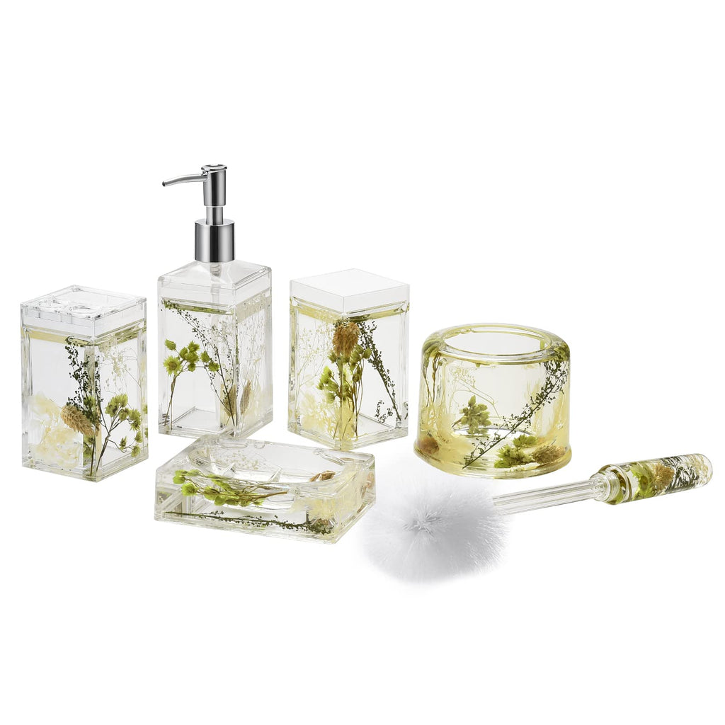 Locco Decor 5 Piece Acrylic Liquid 4D Floating Motion Bathroom Vanity Accessory Set Garden Botanic Green Plants Toothbrush Holder, Tumbler, Soap Dispenser, Soap Dish, Toiletbrush Holder Set