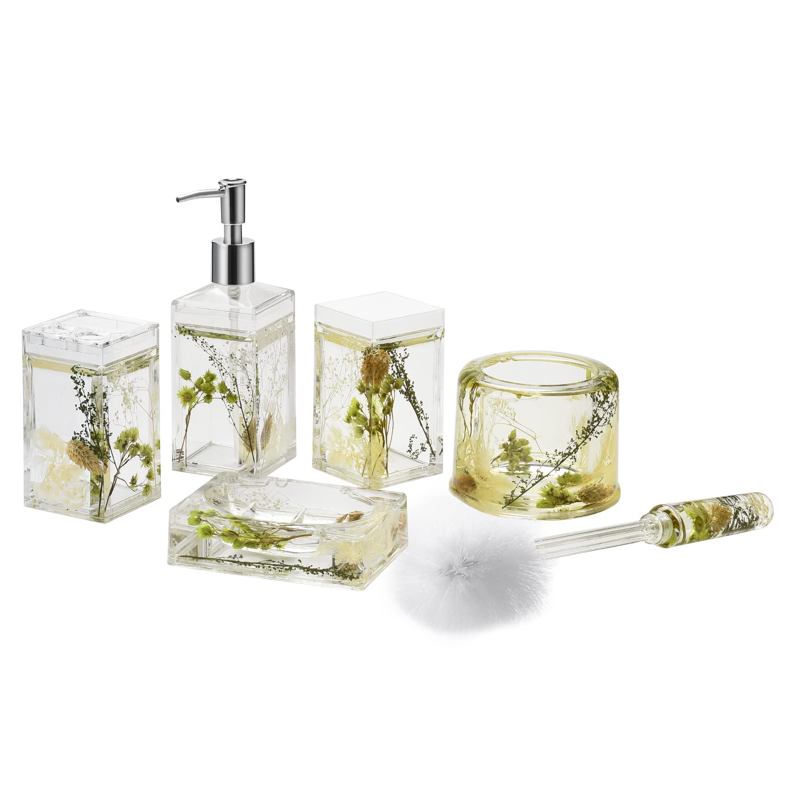 Locco Decor 5 Piece Acrylic Liquid 4D Floating Motion Bathroom Vanity Accessory Set Garden Botanic Green Plants Toothbrush Holder, Tumbler, Soap Dispenser, Soap Dish, Toiletbrush Holder Set