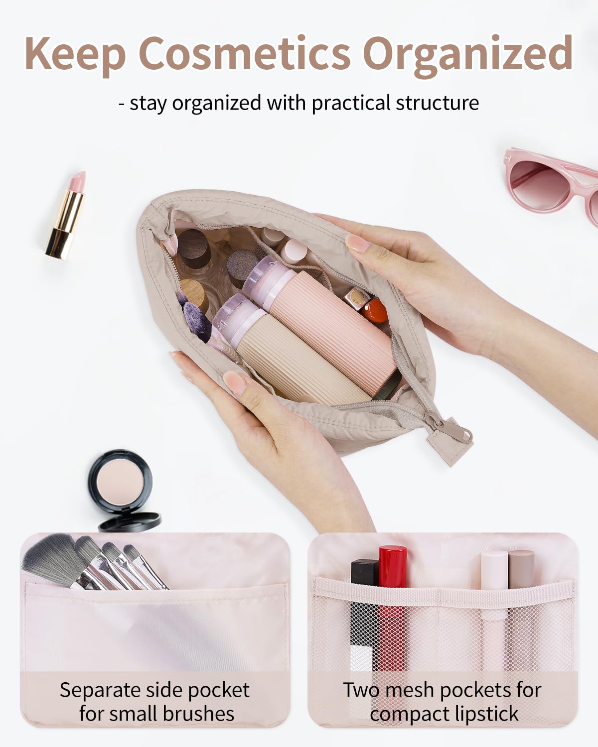 Narwey Travel Makeup Bag for Women Girl, Puffer Makeup Up Organizer Bag Cosmetic Bag, Puffy Cute Makeup Pouch Purse, Travel Toiletry Bag (Khaki)