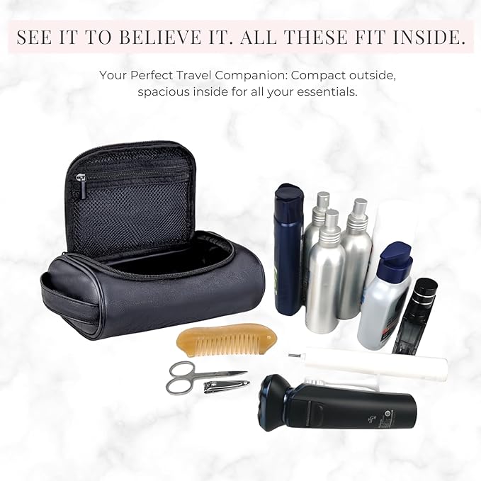 Mens Toiletry Bag, Compact Dopp Kit for Men Travel, PU Leather Shaving Kit, Water-Resistant Minimalist Organizer with Wrist Strap, Fits Grooming Essentials,Small 9X5.9X3 Inch Black