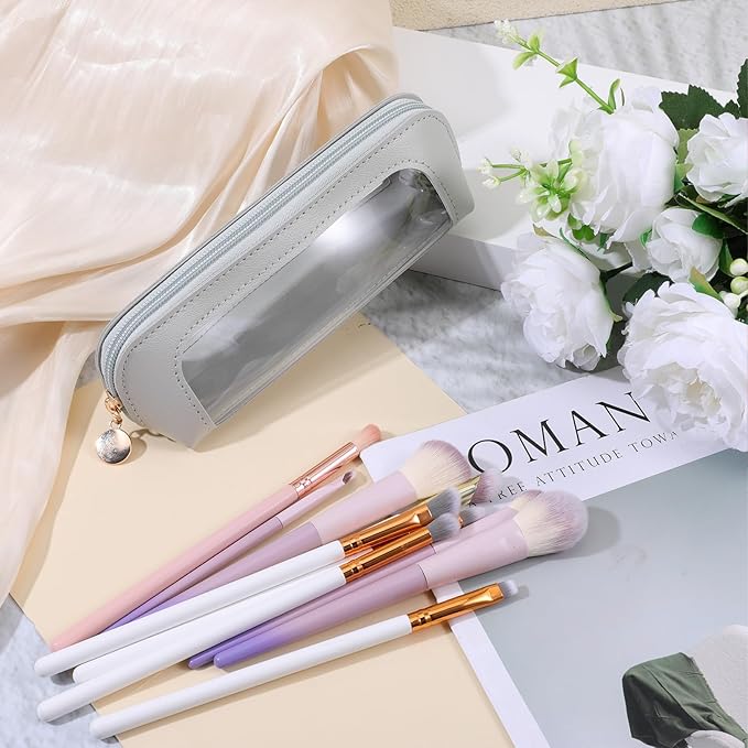 Psyqtsuary Small Clear Makeup Bag, PU Leather Travel Makeup Brush Bag Portable Transparent Waterproof Cosmetic Pouch with Zipper for Women Home Travel Office Cosmetic Storage (Grey)