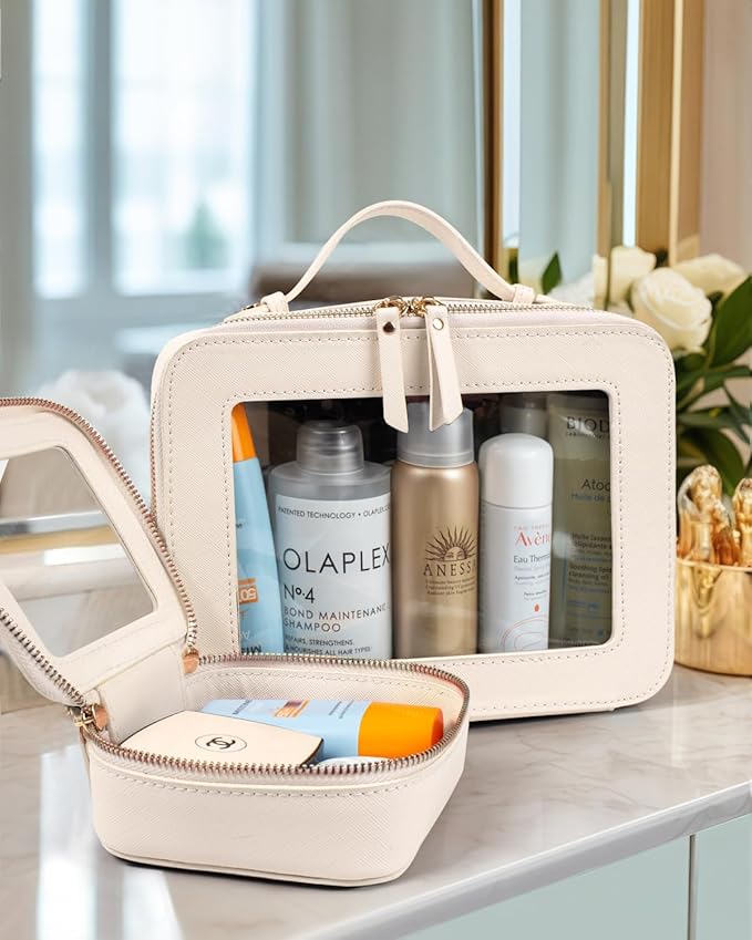 LETGO 2 Pack Clear Travel Toiletry Bag for Women, Large & Mini Waterproof PU TSA Approved Cosmetic Pouches,Portable Beach Vacation Makeup Organizer Set,See Through Skincare Sunscreen Bags for Women