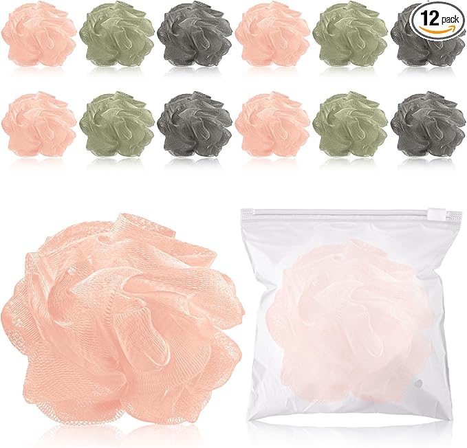 Funnymoom 12 Pcs Travel Size Loofah Individually Wrapped, Small Shower Puff Bath Sponge Pouf Ball Bulk Mesh Bath Puff Mini Loofah Sponge with Case Bulk for Shower Care (25g,Morandi Color)