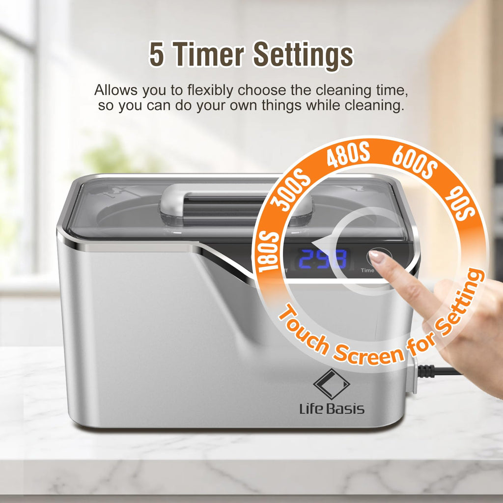 LifeBasis Ultrasonic Cleaner, Professional 45kHz Ultrasonic Jewelry Cleaner 20 Ounces (600ML) with Digital Timer, Watch Holder Ultrasonic Glasses Cleaner for Rings, Coins, Watches, Dentures, Silver