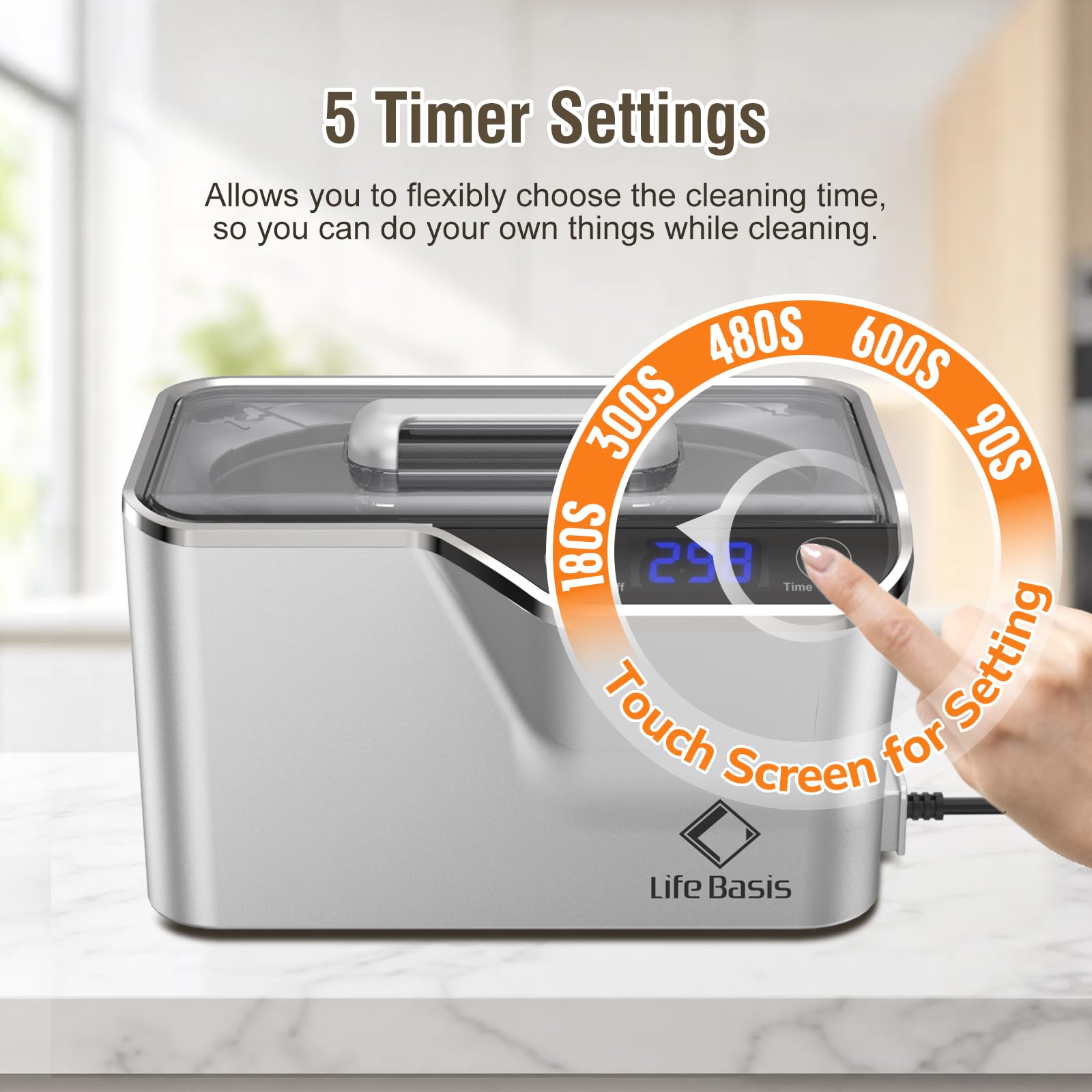 LifeBasis Ultrasonic Cleaner, Professional 45kHz Ultrasonic Jewelry Cleaner 20 Ounces (600ML) with Digital Timer, Watch Holder Ultrasonic Glasses Cleaner for Rings, Coins, Watches, Dentures, Silver